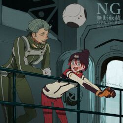 1boy 1girl adversarial_noise amate_yuzuriha beanie black_hat blush_stickers bodysuit challia_bull closed_eyes commentary_request crescent crescent_earrings earrings facial_hair feet_out_of_frame fu_(furuyorufu) goatee green_bodysuit green_eyes green_hair gundam gundam_gquuuuuux hair_between_eyes haro hat highres jewelry looking_at_another mecha_pilot_suit multicolored_bodysuit mustache non-humanoid_robot normal_suit_(gundam) open_mouth pom_pom_(clothes) pom_pom_beanie railing red_bodysuit red_hair robot smile spacecraft_interior spacesuit standing v-shaped_eyebrows watermark white_bodysuit zeon