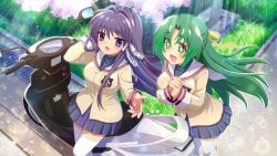 Rule 34 | 2girls, artist request, blue skirt, blush, breasts, brown jacket, clannad, crossover, flower, fujibayashi kyou, game cg, grass, green eyes, green hair, highres, higurashi no naku koro ni, higurashi no naku koro ni mei, hikarizaka private high school uniform, jacket, long hair, long sleeves, looking at another, motor vehicle, motorcycle, multiple girls, non-web source, official art, open mouth, outdoors, pink petals, purple eyes, purple hair, school uniform, skirt, smile, sonozaki shion, sparkle, sparkling eyes, sunlight, thighhighs, white thighhighs