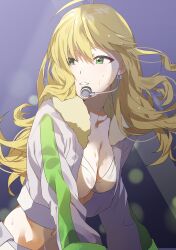 1girl absurdres ahoge blonde_hair breasts cleavage cropped_jacket floating_hair green_eyes headset highres hoshii_miki idolmaster idolmaster_(classic) jacket katsu_(kana) long_hair long_sleeves looking_to_the_side midriff navel open_clothes open_jacket parted_lips solo sweat white_jacket