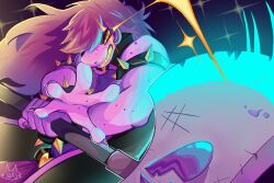 1girl armlet axe brown_hair colored_sclera colored_skin commentary deltarune english_commentary eye_trail fighting_stance freckles furry furry_female highres holding holding_axe jewelry light_trail long_hair orange_eyes pink_skin purple_nails reptile_girl sharp_teeth spiked_armlet standing stripysockxx susie_(deltarune) teeth yellow_sclera