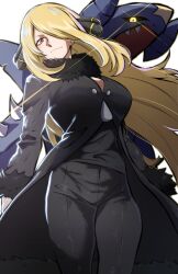1girl black_coat blonde_hair breasts closed_mouth coat cynthia_(pokemon) fur-trimmed_coat fur-trimmed_sleeves fur_collar fur_trim garchomp gen_4_pokemon grey_eyes hair_ornament hair_over_one_eye highres large_breasts long_hair long_sleeves looking_at_viewer navel nintendo pokemon pokemon_(creature) pokemon_dppt simple_background solo thatamaan very_long_hair