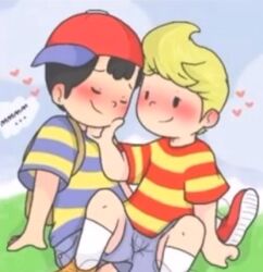 bad_tag black_hair blonde_hair blush child hat lovemysockhead12 lucas_(mother_3) mother_(series) mother_2 mother_3 ness_(mother_2) nintendo red_hat shirt shota sitting striped_clothes striped_shirt super_smash_bros. yaoi