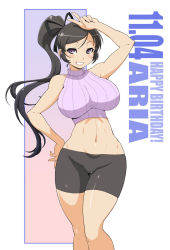 Rule 34 | 10s, 1girl, aria (senran kagura), birthday, black hair, breasts, female focus, haganemaru kennosuke, hair ribbon, large breasts, long hair, looking at viewer, navel, ponytail, purple eyes, ribbon, senran kagura, senran kagura new wave, smile, solo, v