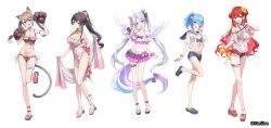 5girls absurdres akane_lize animal_ear_fluff animal_ears arahashi_tabi ayatsuno_yuni bare_shoulders bikini black_gloves black_hair black_sailor_collar blonde_hair blue_eyes blue_hair cat_ears cat_girl cat_tail closed_mouth clothing_cutout crocs extra_ears frilled_thigh_strap full_body gloves grey_eyes grey_hair highres horns long_hair looking_at_viewer multicolored_hair multicolored_tail multiple_girls navel navel_cutout neneko_mashiro official_art one-piece_swimsuit open_mouth paw_pose ponytail rangu red_hair sailor_collar sandals shirayuki_hina simple_background single_horn smile standing standing_on_one_leg stellive stomach streaked_hair swimsuit tail thigh_strap unicorn_girl unicorn_horn virtual_youtuber white_background wings