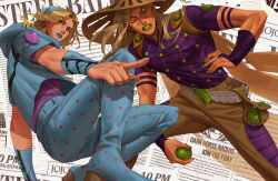 2boys absurdres ball beard belt blonde_hair blue_eyes blue_hat blue_hoodie blue_lips blue_nails blue_pants bridal_gauntlets brown_cape brown_hat brown_pants cape cowboy_hat facial_hair gold_teeth green_eyes green_lips green_nails grey_belt gyro_zeppeli haddockkkk hat heart_ornament highres holding holding_ball holster hood hoodie johnny_joestar jojo_no_kimyou_na_bouken long_hair looking_at_viewer male_focus medium_hair messy_hair multiple_boys one_eye_closed pants purple_bridal_gauntlets purple_shirt shirt short_sleeves star_(symbol) star_print steel_ball_(jojo) steel_ball_run two-tone_wristband