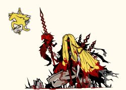 1girl absurdres blonde_hair blood blood_in_hair blood_on_hands distortion_(project_moon) don_quixote_(project_moon) e.g.o_(project_moon) extra_arms feather_boa hair_over_one_eye highres holding holding_polearm holding_weapon la_sangre_de_sancho_(e.g.o) lance limbus_company long_hair plant polearm project_moon red_eyes sancho_(project_moon) simple_background solo teko1193 thorns torn_clothes vines weapon