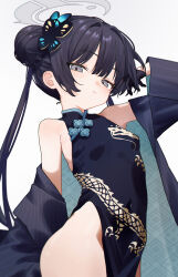 1girl absurdres bare_shoulders black_gloves black_hair blue_archive blue_eyes breasts butterfly_hair_ornament china_dress chinese_clothes covered_navel dragon_print dress eco_376124 gloves hair_bun hair_ornament halo highres kisaki_(blue_archive) loli looking_at_viewer off_shoulder simple_background single_hair_bun small_breasts solo twintails white_background