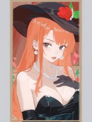 1girl arisugawa_natsuha bare_shoulders black_dress black_gloves black_hat breasts brown_eyes cleavage closed_mouth cobwvmeti dress earrings elbow_gloves flower gloves hand_up hat hat_flower highres idolmaster idolmaster_shiny_colors jewelry lips long_hair looking_to_the_side necklace orange_hair pearl_necklace red_flower red_rose rose solo strapless strapless_dress upper_body