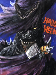 Rule 34 | absurdres, candy, chain, chocolate, chocolate bar, cloak, close-up, cosplay, costume, dinosaur, eating, english text, food, g.n.a, giant, giant monster, godzilla, godzilla (series), halloween, halloween costume, happy halloween, hat, highres, jack-o&#039;-lantern, kaiju, looking at viewer, monster, no humans, orange eyes, pumpkin, sea monster, spikes, toho, witch, witch hat