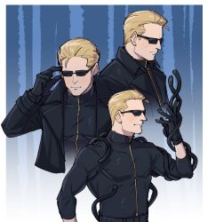 Rule 34 | 1boy, adjusting eyewear, albert wesker, arm up, black coat, black gloves, black shirt, blonde hair, border, closed mouth, coat, collared shirt, commentary, cropped torso, english commentary, gloves, hair slicked back, highres, kalamari, lapels, male focus, multiple views, resident evil, shirt, sunglasses, tendril, white border