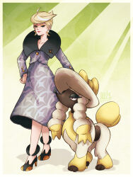 Rule 34 | 1girl, absurdres, ahoge, blonde hair, blue eyes, border, buttons, closed mouth, collarbone, earrings, eyeshadow, furfrou, gen 6 pokemon, glint, hand on own hip, high heels, highres, jacket, jett (pokemon), jewelry, long sleeves, makeup, mature female, max art149, nintendo, pokemon, pokemon (creature), pokemon legends: z-a, short hair, skirt, standing, swept bangs, yellow eyeshadow