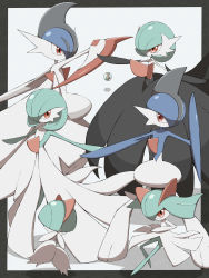 absurdres alternate_color bad_id bad_twitter_id colored_skin commentary_request evolutionary_line eye_contact gallade gardevoir gen_3_pokemon gen_4_pokemon green_hair highres kirlia looking_at_another mega_gallade mega_gardevoir mega_pokemon nintendo no_feet outstretched_arms pokemon pokemon_(creature) ralts red_eyes shabana_may shiny_pokemon standing stone white_skin