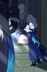 1boy 1girl 1other ahoge baby black_boots black_gloves blue_coat blue_hair boots coat commentary english_commentary full_body furina_(genshin_impact) genshin_impact gloves grey_skirt highres if_they_mated indoors long_hair multicolored_hair neuvillette_(genshin_impact) open_mouth painting_(object) short_hair skirt standing tile_floor tiles tomo-graphy two-tone_hair white_hair