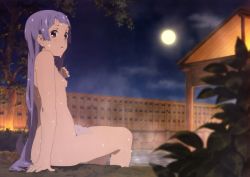 1girl blue_hair breasts female_focus kannagi long_hair moon nagi nature night nipples nude nude_filter onsen outdoors plant sitting sky solo third-party_edit water wet