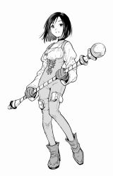 1girl belt bodysuit breasts choker final_fantasy final_fantasy_ix garnet_til_alexandros_xvii gloves highres hiro_(chumo) holding holding_scepter jewelry long_sleeves monochrome pendant puffy_sleeves scepter short_hair simple_background solo thigh_belt thigh_strap