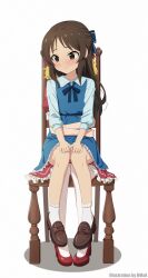 2girls absurdres artist_name blue_dress blue_shirt blush bobby_socks brown_hair chair dress embarrassed half_updo hidden_face highres hmax hug hug_from_behind idolmaster idolmaster_cinderella_girls looking_to_the_side multiple_girls petticoat pinafore_dress sakurai_momoka shirt simple_background sitting sitting_on_person sleeveless sleeveless_dress socks solo_focus tachibana_arisu white_background yuri