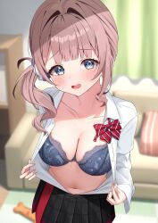 Rule 34 | 1girl, asymmetrical sidelocks, black skirt, blue bra, blunt bangs, blurry, blurry background, blush, bow, bowtie, bra, breasts, brown hair, charl2837, collarbone, collared shirt, commentary, couch, cowboy shot, curtains, depth of field, diagonal-striped bow, diagonal-striped bowtie, diagonal-striped clothes, embarrassed, fingernails, hair intakes, hair ornament, hair scrunchie, highres, indoors, lace, lace bra, large breasts, long fingernails, looking at viewer, medium hair, mochizuki honami, navel, open clothes, open mouth, open shirt, opened by self, pleated skirt, project sekai, red bow, red bowtie, scrunchie, shirt, shirt tucked in, side ponytail, sidelocks, skirt, solo, standing, stomach, striped clothes, sweat, unbuttoned, unbuttoned shirt, underwear, white shirt