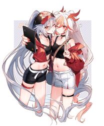 Rule 34 | 2girls, ;), baseball cap, black choker, black shorts, choker, commentary request, crop top, fu hua, fu hua (garuda), grey background, grey hair, hat, herrscher of sentience, highres, holding, holding phone, honkai (series), honkai impact 3rd, jacket, long hair, midriff, multicolored hair, multiple girls, navel, official alternate costume, one eye closed, phone, red eyes, red hair, red jacket, selfie, short shorts, shorts, smile, takakura aki, thigh strap, two-tone hair, v, very long hair, white hair, white shorts