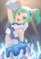Rule 34 | 1girl, absurdres, arm up, asymmetrical clothes, blue skirt, blush, frilled skirt, frills, green eyes, green hair, highres, idol, idol clothes, lightstick, lisia (pokemon), long hair, looking at viewer, midriff, nintendo, open mouth, pokemon, pokemon oras, skirt, smile, solo, x napii