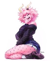 Rule 34 | 1girl, artist name, ashido mina, ass, bare shoulders, boku no hero academia, closed eyes, colored skin, denim, denim shorts, fishnet pantyhose, fishnets, giggling, hhholic, holic fz, off shoulder, open mouth, pantyhose, pink hair, pink skin, shoes, short shorts, shorts, signature, sitting, smile, socks, sweater, teeth, thighs, white background, white socks