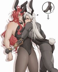 2boys absurdres ahoge animal_ears argenti_(honkai:_star_rail) arrow_(symbol) artist_name ass bare_shoulders black_bow black_bowtie black_eyes black_hair black_hairband black_leotard blush boothill_(honkai:_star_rail) bow bowtie brown_pantyhose bullet_earrings clenched_teeth collarbone commentary covered_navel crossdressing crossed_bangs cyborg detached_collar ear_piercing earrings fake_animal_ears fake_tail flying_sweatdrops gold_earrings green_eyes hair_between_eyes hair_intakes hair_over_one_eye hairband highleg highleg_leotard highres holding_another&#039;s_wrist honkai:_star_rail honkai_(series) jewelry leotard long_hair looking_at_another luciidkatt male_focus male_playboy_bunny mole mole_under_eye multicolored_hair multiple_boys nose_blush one_eye_covered open_mouth pantyhose parted_bangs pectorals piercing playboy_bunny rabbit_boy rabbit_ears rabbit_tail red_hair shadow sharp_teeth simple_background squiggle standing strapless strapless_leotard streaked_hair sweatdrop symbol-only_commentary tail teeth upper_teeth_only v-shaped_eyebrows white_background white_hair wing_collar wrist_cuffs