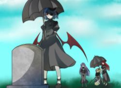 4girls alternate_costume bat_wings black_bow black_dress black_footwear black_gloves blonde_hair bow closed_mouth cloud day dress elbow_gloves flandre_scarlet flower funeral gloves grave hair_bow hal_(goshujinomocha) hat holding holding_umbrella hong_meiling kneeling long_hair low_wings multiple_girls patchouli_knowledge purple_hair red_eyes red_hair remilia_scarlet revision shoes sky standing touhou umbrella white_legwear wind wings