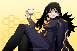 1girl binah_(project_moon) black_coat black_dress black_eyes black_hair black_pantyhose blonde_hair coat colored_inner_hair cup dress earrings full_body fur-trimmed_coat fur_trim grin hexagon_print holding holding_cup jewelry library_of_ruina lobotomy_corporation long_hair long_sleeves looking_at_viewer mole mole_under_eye multicolored_hair pantyhose project_moon simple_background sitting smile solo tako0mari yellow_background
