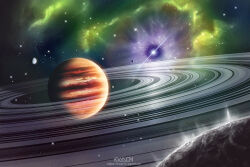 artist_logo commentary english_commentary kvacm logo moon nebula no_humans original planet planetary_ring scenery space star_(sky) watermark