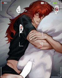 Rule 34 | 1boy, absurdres, black male underwear, black shirt, censored, closed eyes, diluc (genshin impact), eriimyon, genshin impact, hair between eyes, highres, hugging object, long hair, male focus, male underwear, pillow, pillow hug, red hair, shirt, sleeping, sleepy, solo, t-shirt, underwear