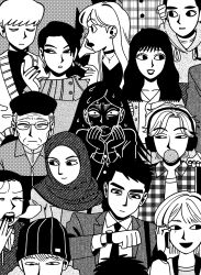 6+boys 6+girls biting_own_lip blowing_bubbles cellphone chewing_gum clenched_teeth closed_eyes closed_mouth coat cross cross_necklace ear_piercing earrings flannel glasses greyscale hat headphones highres hijab hoop_earrings jadoochicken jewelry lipstick long_hair long_sleeves looking_at_another makeup mole mole_under_eye monochrome multiple_boys multiple_girls nail_polish necklace open_mouth original parted_lips phone piercing semi-rimless_eyewear short_hair smartphone smile sweat teeth under-rim_eyewear unmoving_pattern watch wristwatch