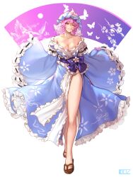1girl absurdres artist_name bare_shoulders black_bow blue_hat blue_kimono bow breasts brown_sandals cleavage collarbone crossed_legs edz_drawz frilled_kimono frilled_sleeves frills full_body hat highres japanese_clothes kimono large_breasts long_sleeves looking_at_viewer medium_hair mob_cap obi off_shoulder pink_eyes pink_hair purple_sash saigyouji_yuyuko sandals sash side_slit simple_background sleeves_past_wrists smile solo standing tachi-e teeth touhou watson_cross wavy_hair white_background