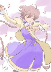 1girl apocalypse_hotel braid closed_eyes dancing dated dress highres jacket kico_factory long_hair musical_note neckerchief puffy_sleeves purple_dress signature solo twin_braids yachiyo_(apocalypse_hotel) yellow_jacket