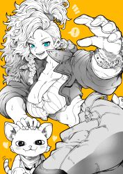 ! 1girl absurdres blue_eyes braid breasts commentary_request crop_top felyne from_side gemma_(monster_hunter_wilds) gloves greyscale_with_colored_background heart highres jacket large_breasts long_hair looking_at_viewer looking_to_the_side midriff monster_hunter_(series) monster_hunter_wilds pants simple_background solo spoken_exclamation_mark yellow_background yotsumi_shiro