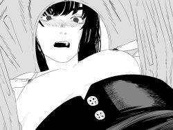 1girl 1other blush breasts chainsaw_man commentary from_below fujimoto_tatsuki_(style) greyscale high-waist_pants highres mitaka_asa monochrome nanami_toga nipple_stimulation nipple_tweak nipples open_mouth pants small_breasts solo_focus
