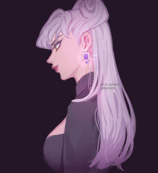 1girl black_dress breasts closed_mouth cone_hair_bun demon_girl dress earrings evelynn_(league_of_legends) from_side gem glint hair_bun jewelry k/da_(league_of_legends) k/da_all_out_evelynn league_of_legends long_hair medium_breasts purple_gemstone saphirya single_earring solo yellow_eyes