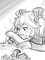 1boy 1girl aftersex blush burnice_white calamari_cakes cum cum_on_body cum_on_stomach cum_string gloves greyscale hair_ornament licking_lips lighter_(zenless_zone_zero) looking_at_penis monochrome penis pubic_hair short_twintails simple_background tongue tongue_out twintails uncensored upside-down_penis zenless_zone_zero