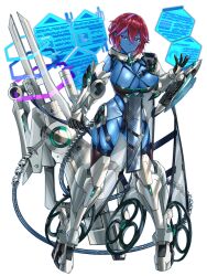1girl aiz_gunafari black_gloves blue_eyes blue_skin breasts cleavage colored_skin dairoku_ryouhei earclip full_body gauntlets gloves highres holding holding_weapon holographic_interface large_breasts looking_at_viewer magatatara mechanical_legs mechanical_tail multicolored_hair purple_hair red_hair short_hair solo streaked_hair tail transparent_background weapon
