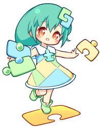 Rule 34 | 1girl, :d, aikei ake, bare arms, blush, boots, brown eyes, chibi, commentary request, dress, full body, green boots, green hair, hair between eyes, hair ornament, long hair, open mouth, original, outstretched arms, personification, puzzle, puzzle piece, simple background, sleeveless, sleeveless dress, smile, solo, spread arms, standing, standing on one leg, white background