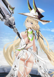 1girl absurdres alulunkiruto arm_armor armor ass back blonde_hair blue_eyes blue_sky blush braid breasts cloud commentary_request day ether_(starward) from_behind hat highleg highleg_leotard highres holding holding_staff holding_weapon horns large_breasts leotard long_hair looking_at_viewer looking_back low_twintails shoulder_armor sideboob sky smile solo staff starward thighs twintails very_long_hair weapon white_hat white_leotard witch_hat
