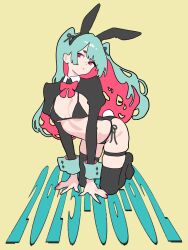 1girl all_fours animal_ear_hairband animal_ears aqua_hair aqua_wrist_cuffs bikini black_bikini black_boots black_shrug boots bow bowtie breasts closed_mouth collared_shrug colored_inner_hair dated dot_nose fake_animal_ears fake_tail flat_color full_body hair_ribbon hairband highres juliet_sleeves long_sleeves looking_at_viewer minminmince mismatched_eyebrows multicolored_hair original puffy_sleeves rabbit_ears rabbit_tail red_bow red_bowtie red_eyes red_hair revealing_clothes reverse_bunnysuit reverse_outfit ribbon short_eyebrows shrug_(clothing) side-tie_bikini_bottom simple_background skindentation small_breasts solo swimsuit tail thick_eyebrows thigh_boots thigh_strap twintails two-tone_hair wrist_cuffs yellow_background