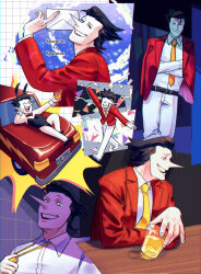 Rule 34 | 1boy, animal ears, belt, black belt, black eyes, black hair, black leotard, bow, bowtie, car, clothes grab, crossed arms, cup, deltarune, drinking glass, fake animal ears, hei3355, highres, holding, holding cup, holding letter, jacket, jacket on shoulders, leotard, letter, long nose, male focus, male playboy bunny, motor vehicle, multiple views, necktie, necktie grab, neckwear grab, on car, outstretched arms, pants, pointy nose, rabbit ears, red bow, red bowtie, red jacket, shirt, short hair, smile, spamton g. spamton, spamton g. spamton (big shot), teeth, white pants, white shirt, wrist cuffs, yellow necktie