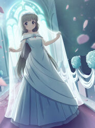 1girl absurdres aropotto backlighting breasts brown_eyes brown_hair carpet day dress highres idolmaster idolmaster_cinderella_girls idolmaster_cinderella_girls_starlight_stage indoors long_hair looking_at_viewer petals small_breasts solo veil wedding_dress yorita_yoshino
