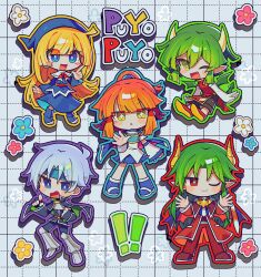 ! !! +_+ 2boys 3girls absurdres arle_nadja black_gloves black_pants blonde_hair blue_eyes blue_footwear blue_sky blunt_bangs blush blush_stickers boots bright_pupils brown_eyes brown_hair chibi chibi_only china_dress chinese_clothes closed_mouth copyright_name detached_sleeves draco_centauros dragon_girl dragon_horns dragon_tail dragon_wings dress elbow_gloves fang fingerless_gloves gloves green_hair grey_hair highres horns long_hair long_sleeves looking_at_viewer multiple_boys multiple_girls offbeat one_eye_closed open_mouth pants parted_lips pleated_skirt pointy_ears ponytail puyopuyo red_dress red_eyes red_footwear red_pants satan_(puyopuyo) schezo_wegey short_hair short_ponytail skirt sky sleeveless sleeveless_dress smile tail white_gloves white_pupils wings witch_(puyopuyo)