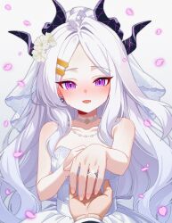 1boy 1girl ahoge blue_archive breasts demon_girl demon_horns dress happy_tears highres hina_(blue_archive) horns jewelry karaage_(xxxmido02) long_hair looking_at_viewer purple_eyes ring sensei_(blue_archive) small_breasts tears wedding_dress wedding_ring white_hair