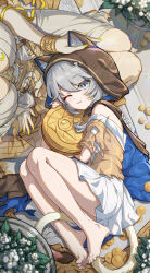 2girls :3 absurdres aglaea_(honkai:_star_rail) animal_ears animal_hood barefoot blue_eyes breast_tattoo breasts bupa_chila cat_ears cat_girl cat_hood cat_tail chinese_commentary cipher_(honkai:_star_rail) cleavage coin commentary_request dress feet flower from_above gold_coin gold_tattoo grey_hair highres honkai:_star_rail honkai_(series) hood lap_pillow large_breasts multiple_girls one_eye_closed short_hair_with_long_locks sitting tail tattoo toes white_dress yellow_nails