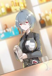 1girl absurdres ahoge alcohol bar_(place) bartender black_hair black_necktie black_shirt bottle champagne closed_mouth cup drinking_glass highres holding honkai_(series) honkai_impact_3rd indoors long_sleeves looking_at_viewer mole mole_under_mouth necktie raven_(honkai_impact) raven_(tipsy_hour)_(honkai_impact) red_eyes shirt short_hair smile solo wanzituanzimax wine_bottle wine_glass