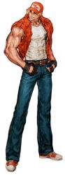 Rule 34 | 1boy, absurdres, baseball cap, blonde hair, blue eyes, capcom vs snk, denim, fatal fury, fingerless gloves, game cg, gloves, hat, highres, jacket, jeans, long hair, looking to the side, male focus, muscular, nishimura kinu, non-web source, official art, pants, ponytail, shirt, sleeveless, smile, solo, terry bogard, the king of fighters, torn clothes, torn sleeves, vest, white background, white undershirt