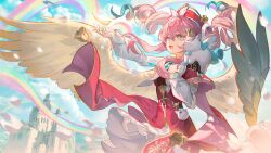 1girl angel_wings aqua_eyes aqua_hair black_tiara blue_sky castle chinese_commentary commentary_request dress drill_hair falling_feathers feathers hat highres honkai:_star_rail honkai_(series) hyacine_(honkai:_star_rail) little_ica_(honkai:_star_rail) maipianvale medium_hair multicolored_hair outdoors rainbow red_dress red_hat sky tiara twin_drills two-tone_hair wings