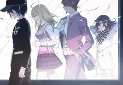 Rule 34 | 1girl, 3boys, absurdres, ahoge, akamatsu kaede, arm belt, arms behind head, baseball cap, black hair, black jacket, blonde hair, breasts, buttons, checkered clothes, checkered scarf, collared jacket, collared shirt, crack, cracked glass, crest, danganronpa (series), danganronpa v3: killing harmony, facial hair, flipped hair, fortissimo, from side, goatee, grin, hair between eyes, hair ornament, hand in pocket, hat, height difference, highres, jacket, jacket partially removed, long hair, long sleeves, medium hair, momota kaito, multicolored buttons, multiple boys, musical note, musical note hair ornament, musical note print, necktie, oma kokichi, open clothes, open mouth, orange necktie, pants, pink sweater vest, pink vest, pleated skirt, profile, purple eyes, purple facial hair, purple hair, saihara shuichi, scarf, shirt, short hair, simple background, skirt, smile, space print, spiked hair, spoilers, starry sky print, striped clothes, sweater vest, tears, teeth, two-tone scarf, vest, walking, white bag, white shirt