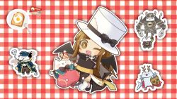 2girls animal_ears arch_bishop_(ragnarok_online) barefoot black_dress black_hat black_wings blue_capelet bow bread bread_slice brown_eyes brown_hair capelet cat_ears cat_tail commentary_request cosplay cross drake_(ragnarok_online) drake_(ragnarok_online)_(cosplay) dress food fork fried_egg frilled_thighhighs frills full_body furry furry_female gingham_background hat hat_bow incantation_samurai incantation_samurai_(cosplay) long_hair looking_at_viewer multiple_girls one_eye_closed open_mouth pink_dress pochiko_(poteko) ragnarok_online red_background red_bow sash smile stormy_knight stormy_knight_(cosplay) summoner_(ragnarok_online) tail tail_bow tail_ornament thighhighs toast top_hat white_hat white_thighhighs wings yellow_sash